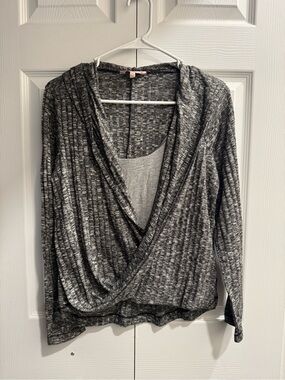Juicy Couture Marled Black & Gray Wrap-Front Hooded Cardigan